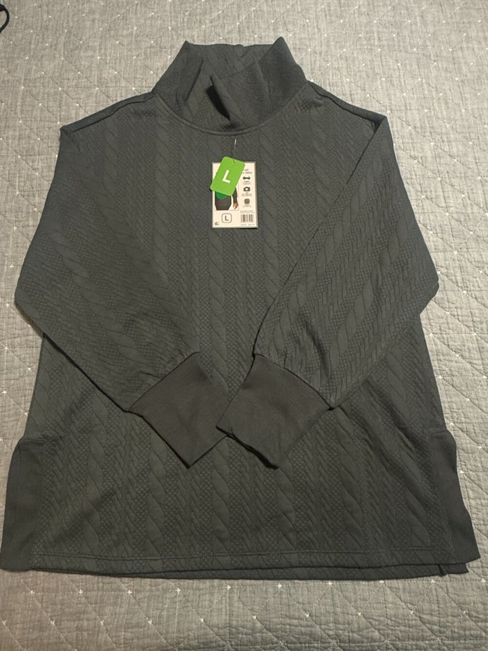 RBX GREEN CABLE QUILTED COWL NECK TUNIC W/SIDE SLITS SZ L NWT